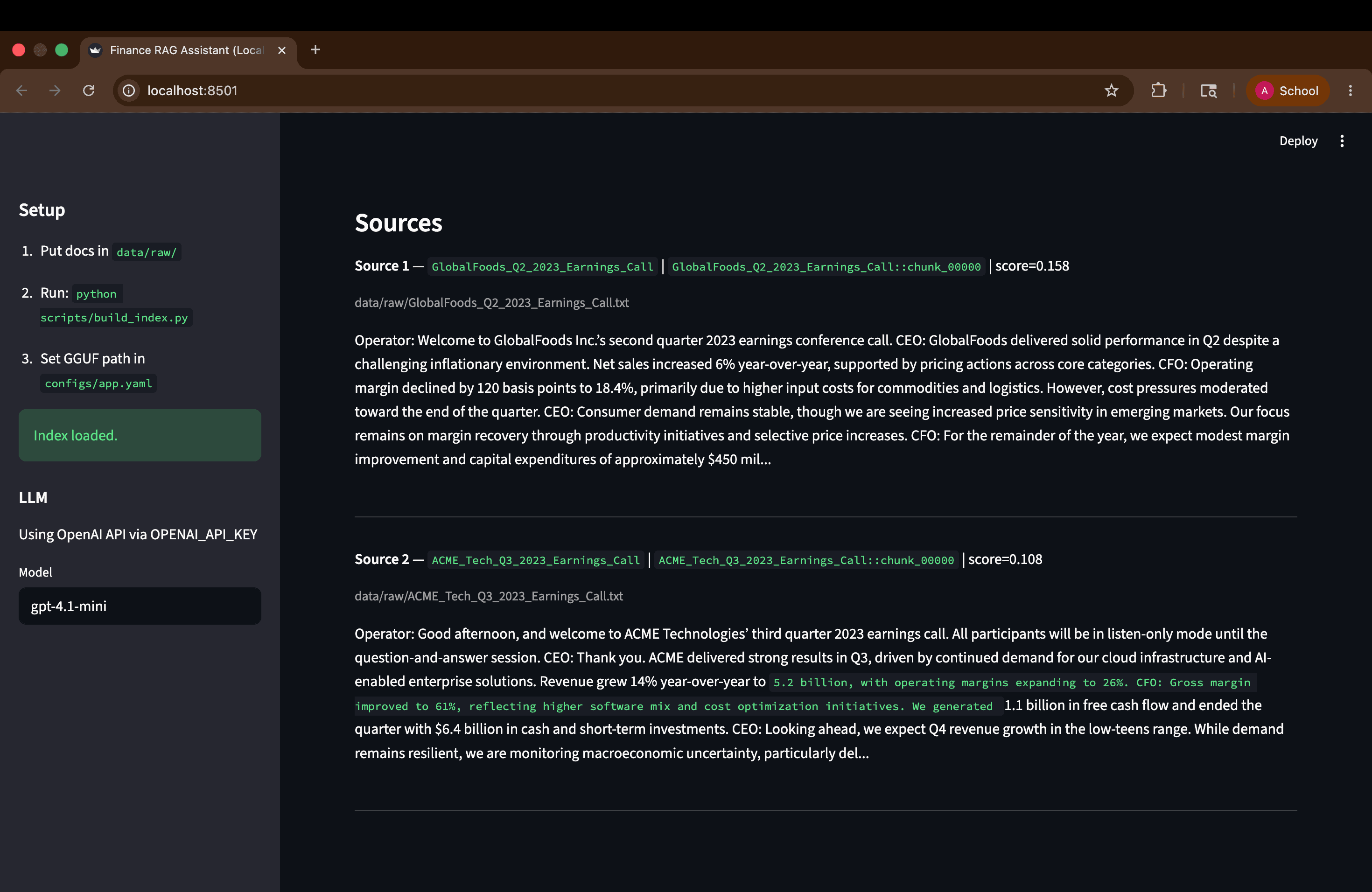 Finance RAG Assistant UI showing citation-backed answers